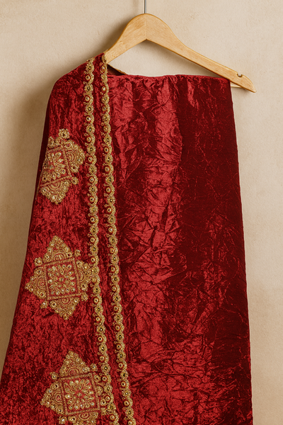 Crimson Red Velvet Suit and Dupatta with Heavy Gold Zari Embroidery