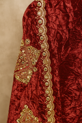 Crimson Red Velvet Suit and Dupatta with Heavy Gold Zari Embroidery
