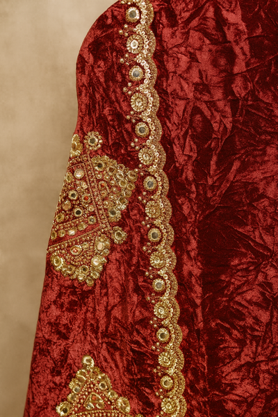 Crimson Red Velvet Suit and Dupatta with Heavy Gold Zari Embroidery