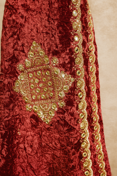 Crimson Red Velvet Suit and Dupatta with Heavy Gold Zari Embroidery