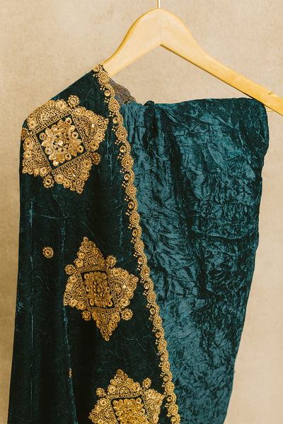 Rich Emerald Green Velvet suit and Dupatta with Heavy Gold Embroidery