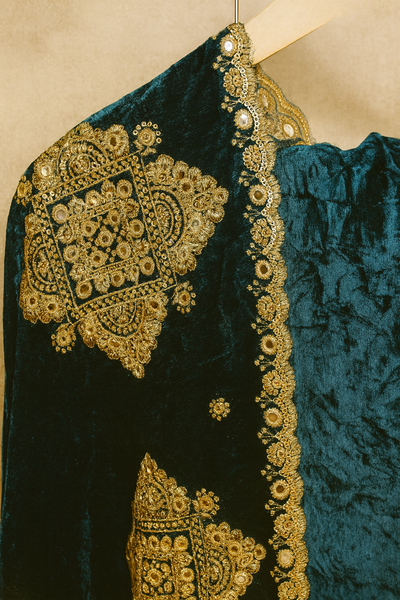 Rich Emerald Green Velvet suit and Dupatta with Heavy Gold Embroidery