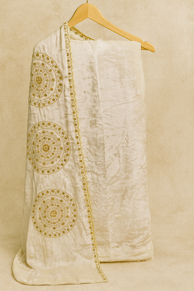 Ivory White Velvet  Suit and Dupatta with Heavy Gold Mirror & Thread Embroidery