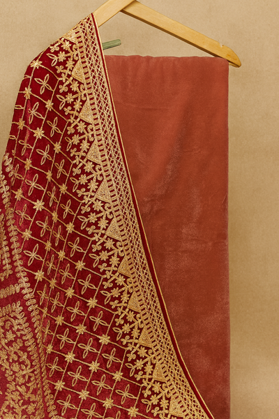 Royal Maroon Velvet Suit and Dupatta with Heavy Antique Gold Embroidery