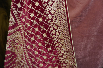 Royal Maroon Velvet Suit and Dupatta with Heavy Antique Gold Embroidery